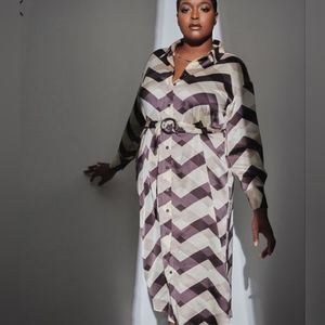 Eloquii Chevron Print Satin Button Down Maxi Shirt Dress Size 18